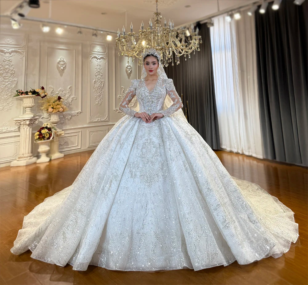 Customized Full Beading V-Neck Wedding Dress - Amanda Novias 2026 Bridal Gown - JStorehub 