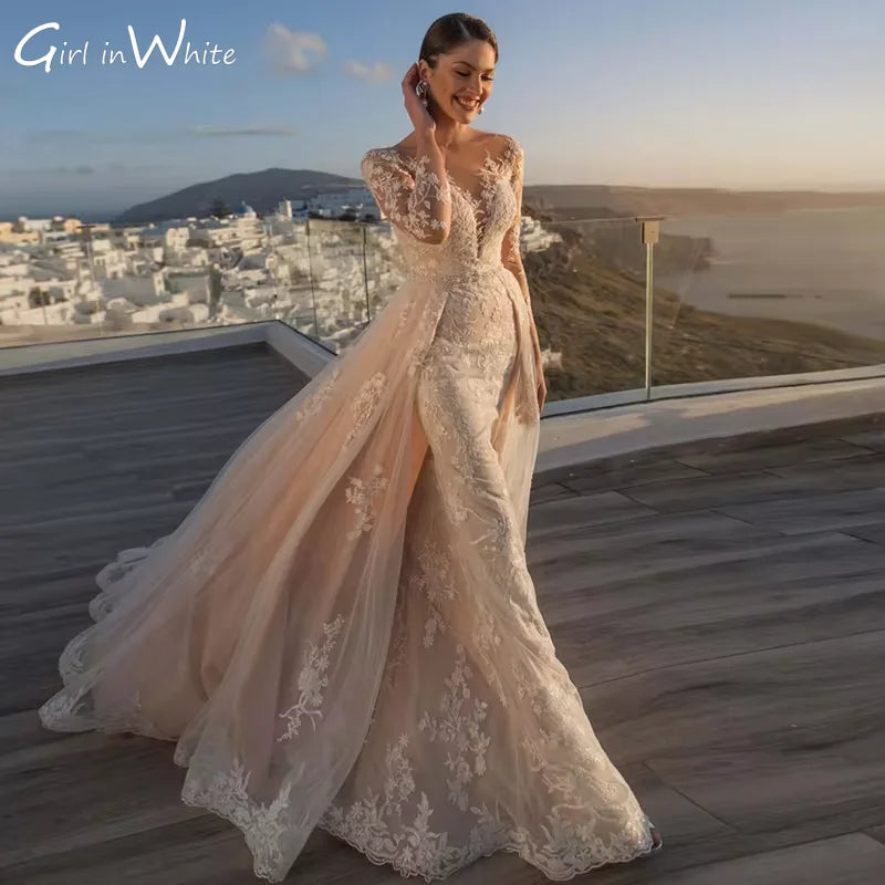 Detachable 2-in-1 Wedding Dress - Embroidered Lace Applique Tulle Bridal Gown - JStorehub 