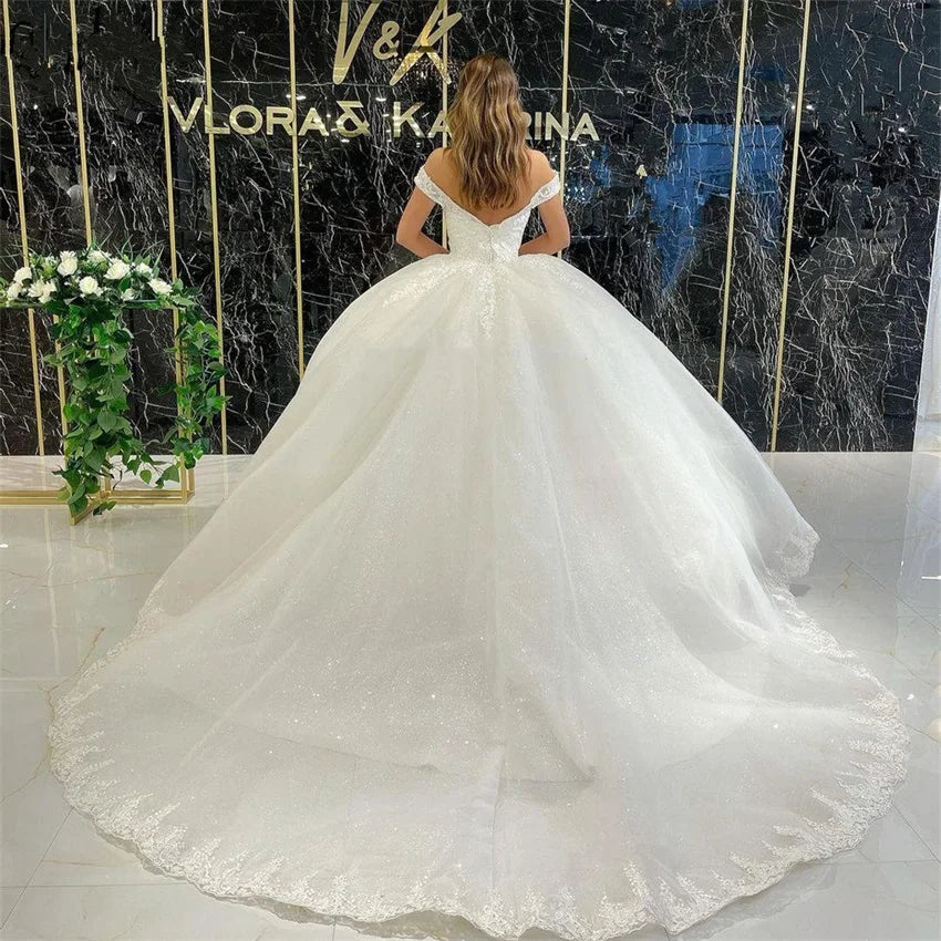 Customized Off-Shoulder Wedding Dress - Lace Applique Glitter Tulle A-Line Bridal Gown - JStorehub 