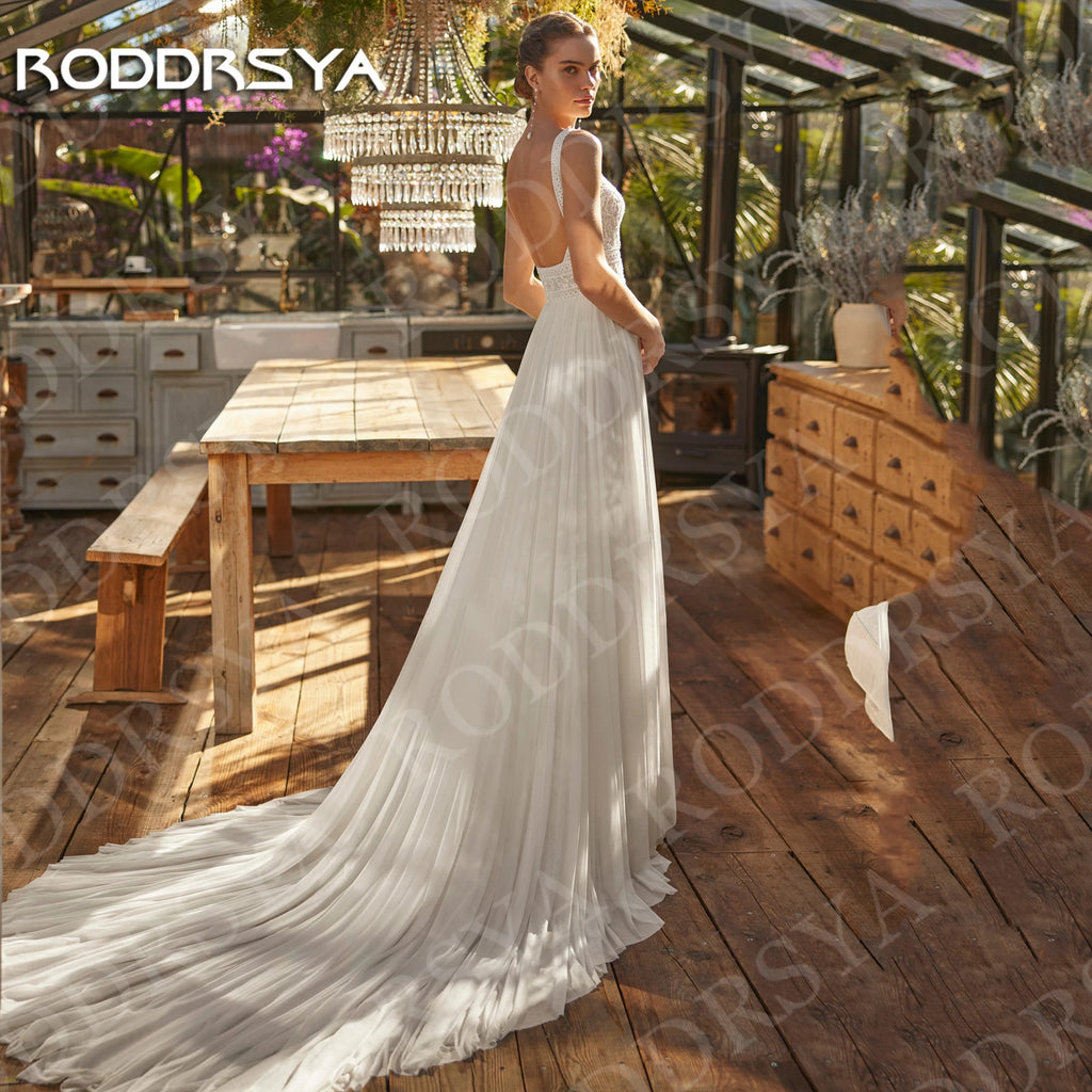 Beach Boho Wedding Dress - Chiffon Lace Spaghetti Straps Backless A-Line Gown - JStorehub 