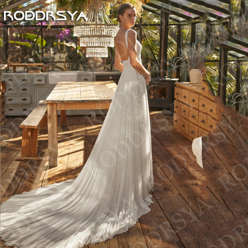 Beach Boho Wedding Dress - Chiffon Lace Spaghetti Straps Backless A-Line Gown - JStorehub 