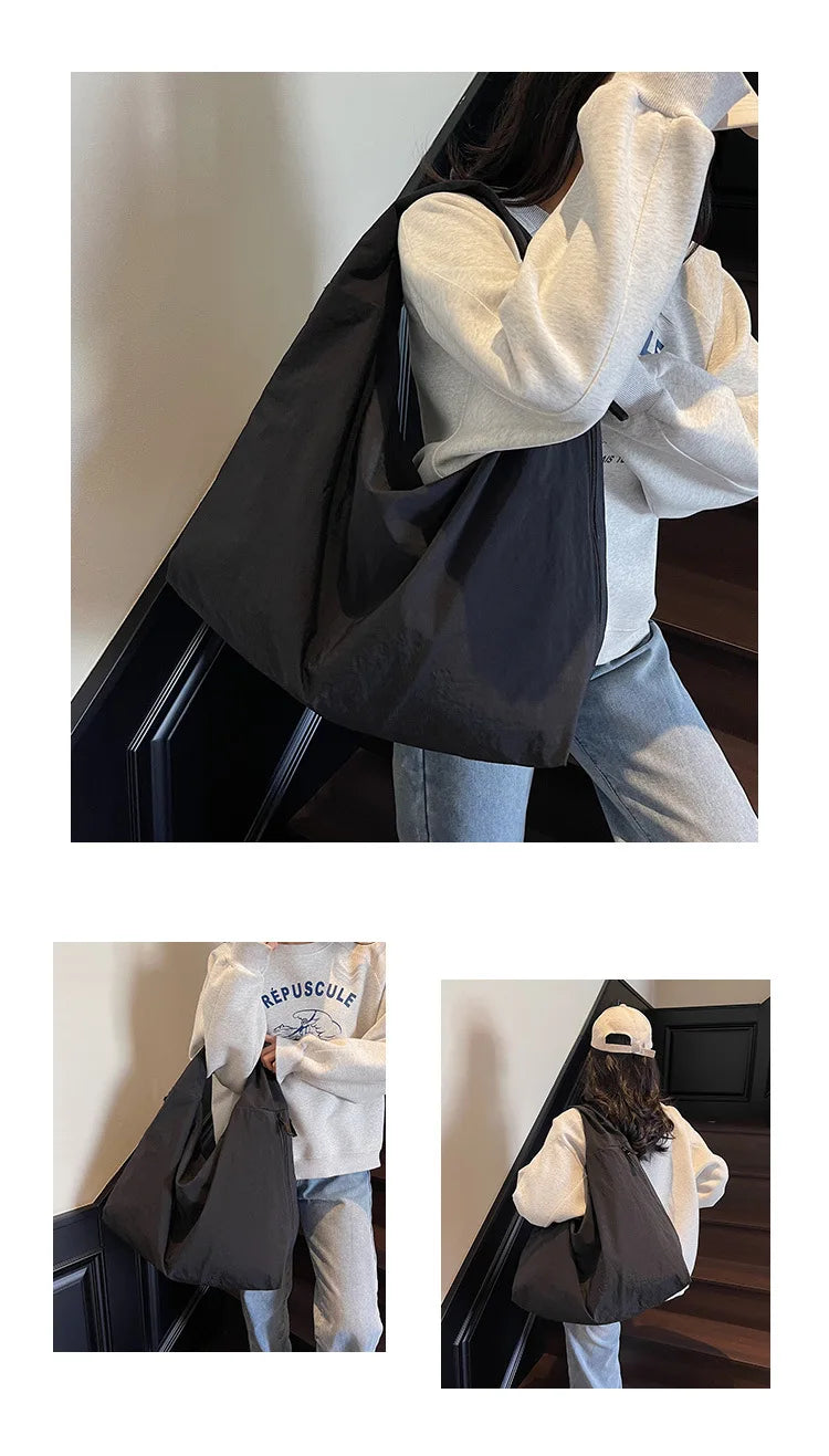 Chic Solid Color Nylon Tote Bag with Multiple Pockets - Large Capacity Shoulder Bag - JStorehub 