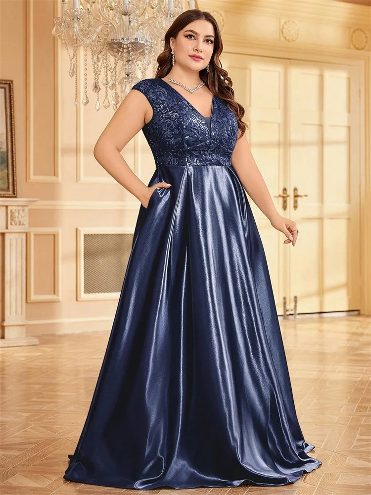 Blueplum Plus Size Gold Satin V-Neck Sequin Evening Dress 2025 - JStorehub 
