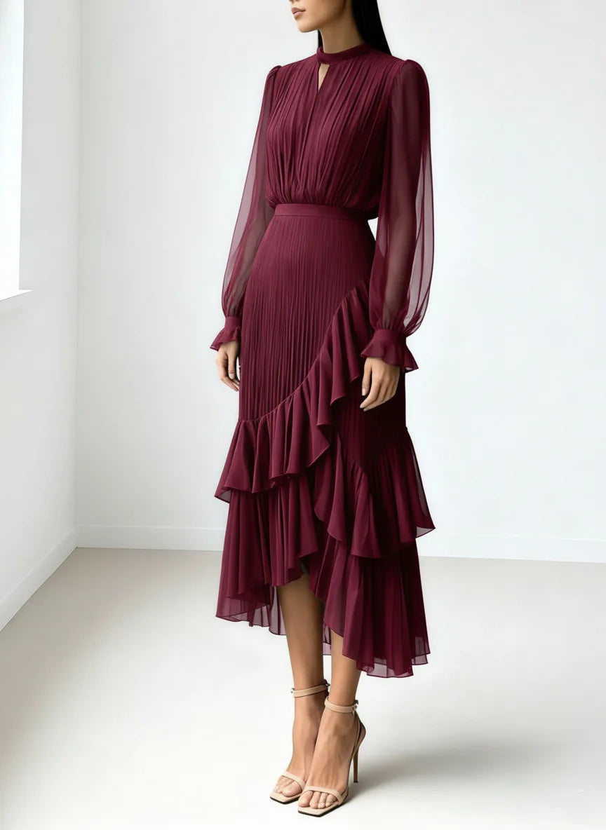 Ruffle Long Sleeve Layered A-Line Dress - Chic Spring Summer Pleated Gown - SalmanStore 