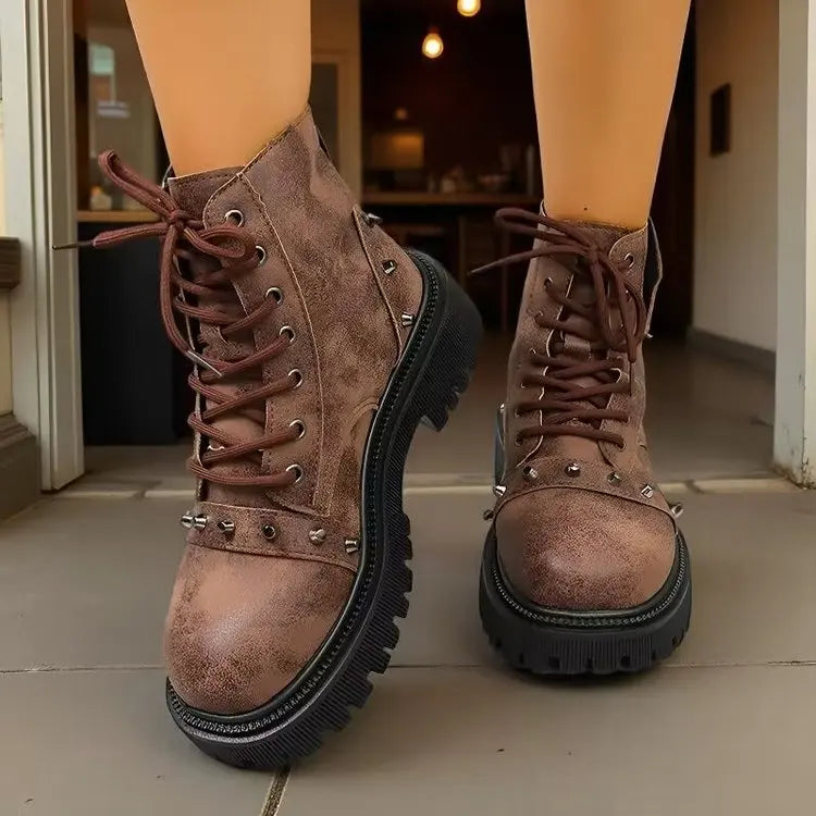 Women's Punk Ankle Boots - Platform Buckle Lace-Up Block Heel Shoes - JStorehub 