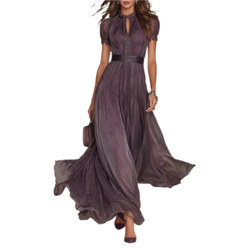 Vintage Hollow Out Maxi Dress - Stand Collar Lantern Sleeve Pleated Tunic - JStorehub 