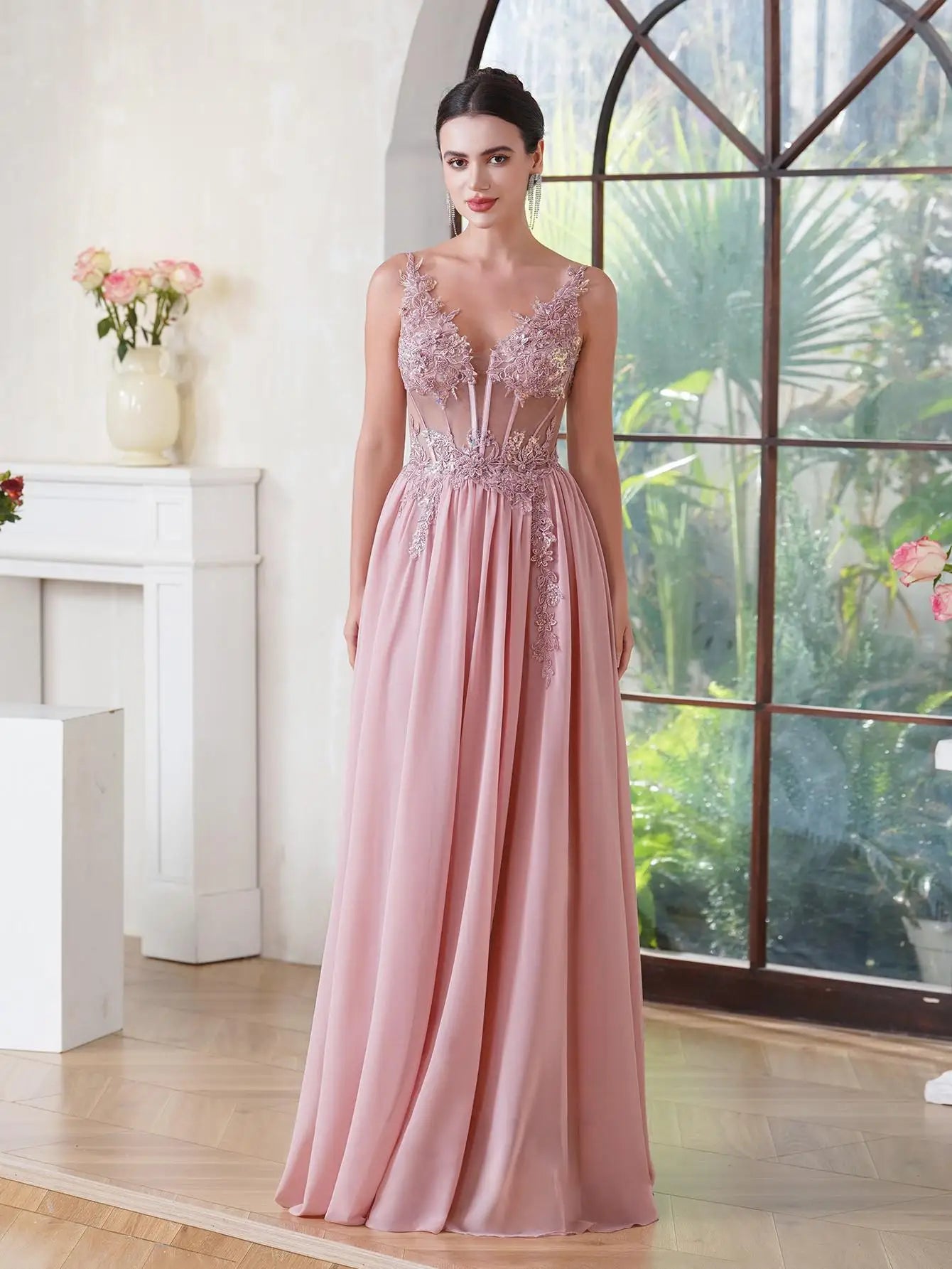 Navy Blue Beaded A-Line Evening Dress - Spaghetti Straps Illusion Prom Gown