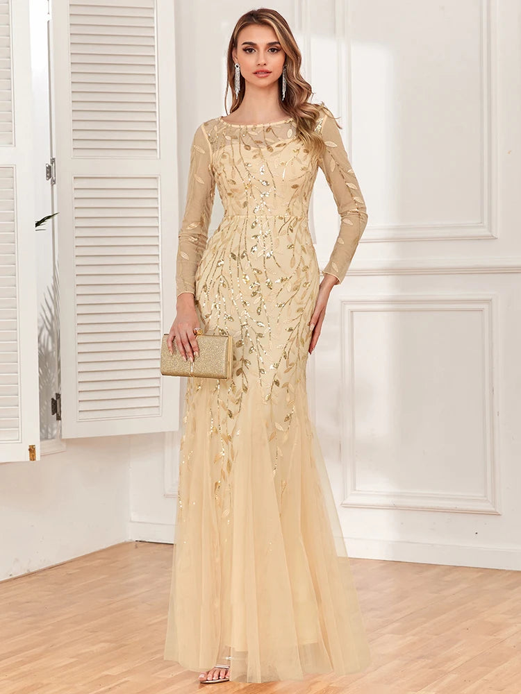 Mermaid Tulle Embroidery Evening Dress - O-Neck Full Sleeve Formal Gown - SalmanStore 