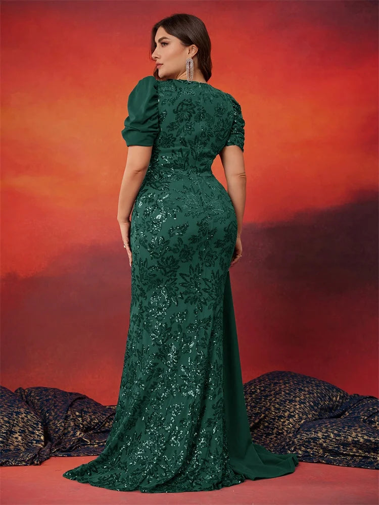 Plus Size Elegant V-neck Sequins Evening Dress Women Short Sleeves Mermaid Formal Luxury Party Streamer Prom Dress - JStorehub 