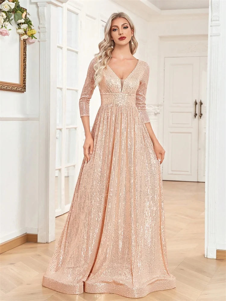 Luxury Blue Sequins V-Neck Long Sleeve Evening Dress - Prom Wedding Gown - SalmanStore 