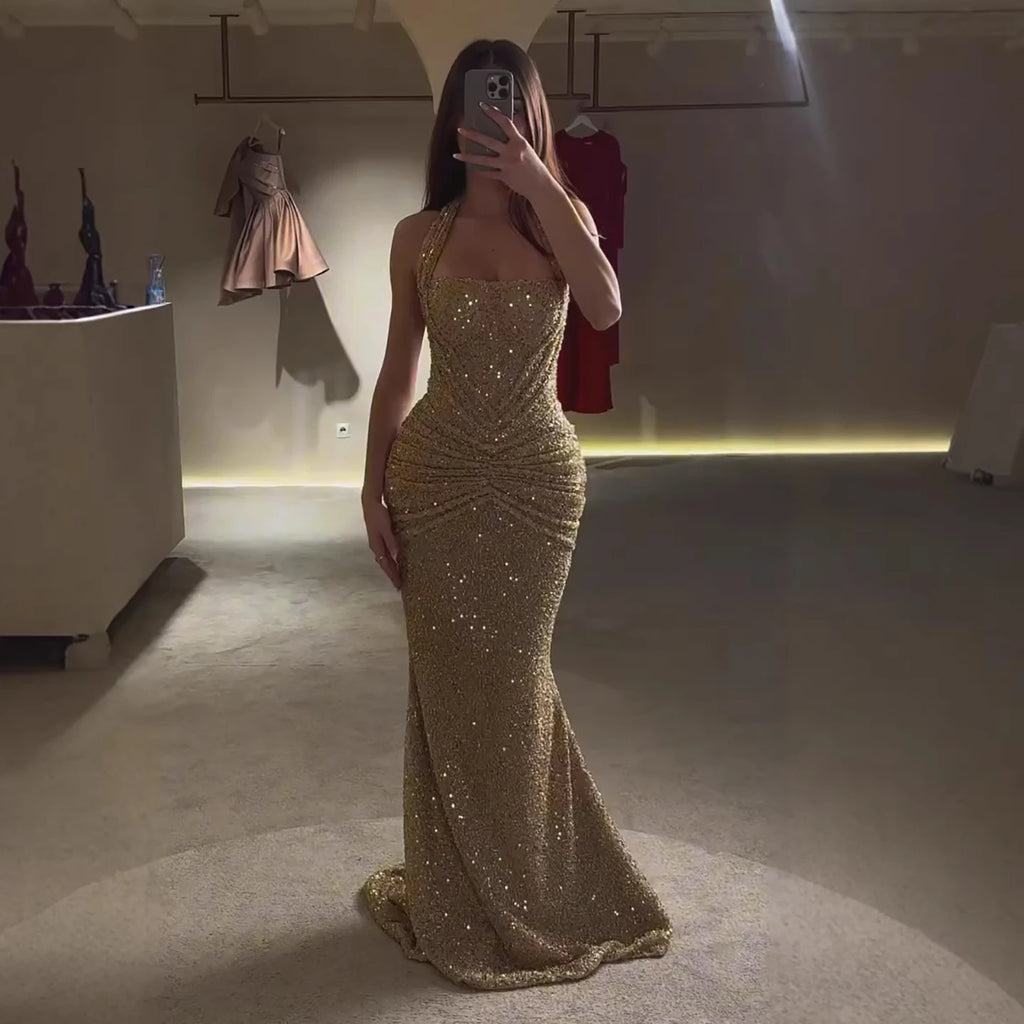Serene Hill 2026 Luxury Gold Halter Beaded Mermaid Evening Dress - JStorehub 