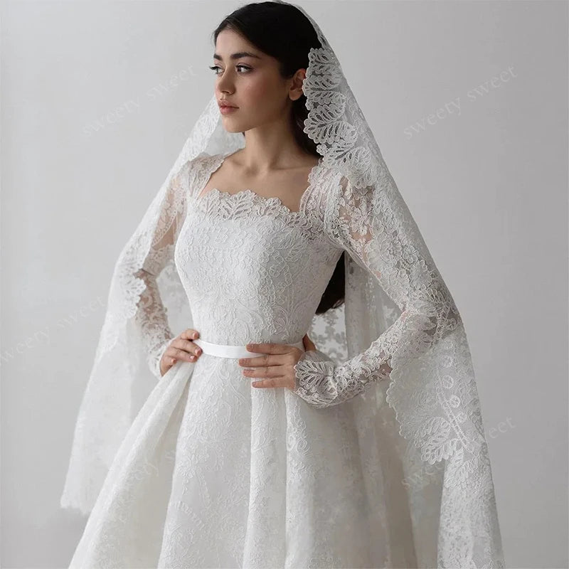 Graceful Organza Wedding Dress with Embroidery - A-Line Ball Gown Full Sleeve - JStorehub 