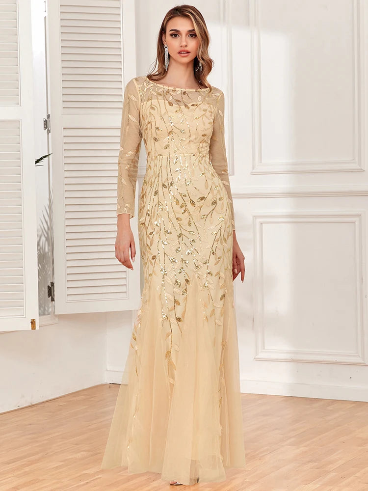 Mermaid Tulle Embroidery Evening Dress - O-Neck Full Sleeve Formal Gown - SalmanStore 