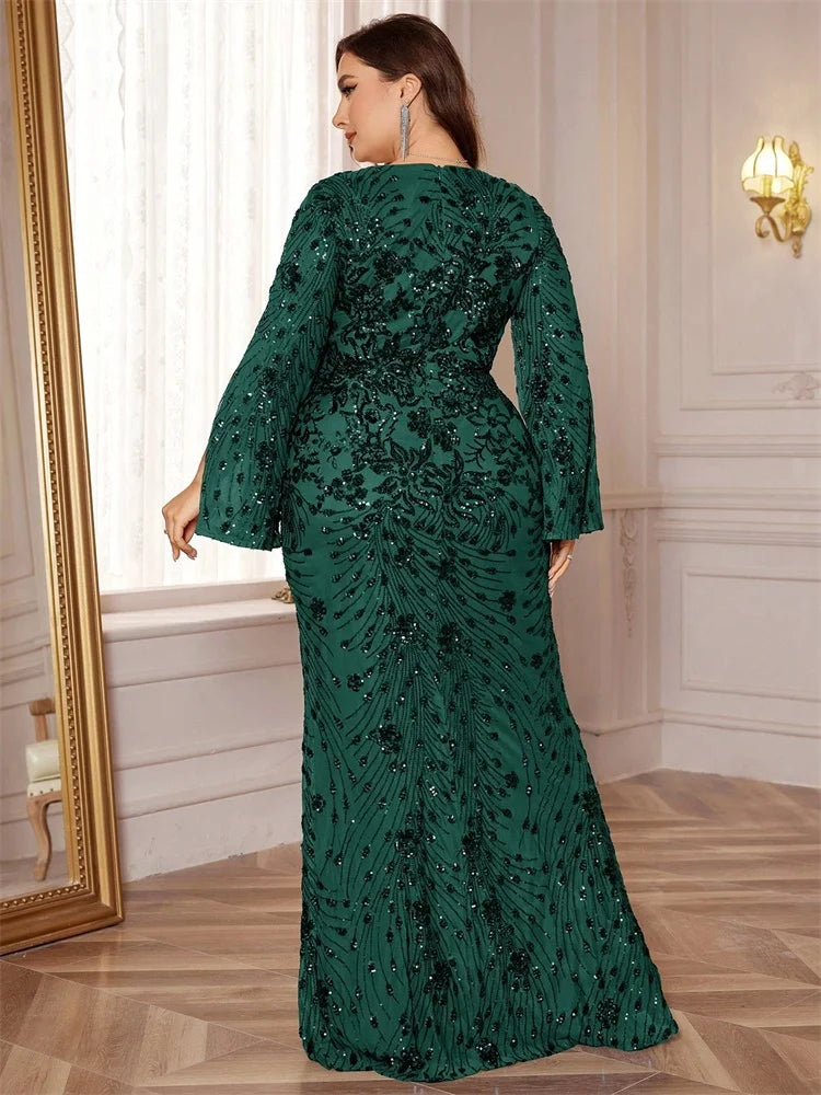 Plus Size Gold Sequin Mermaid Evening Dress - Long Sleeve Formal Prom Gown - SalmanStore 