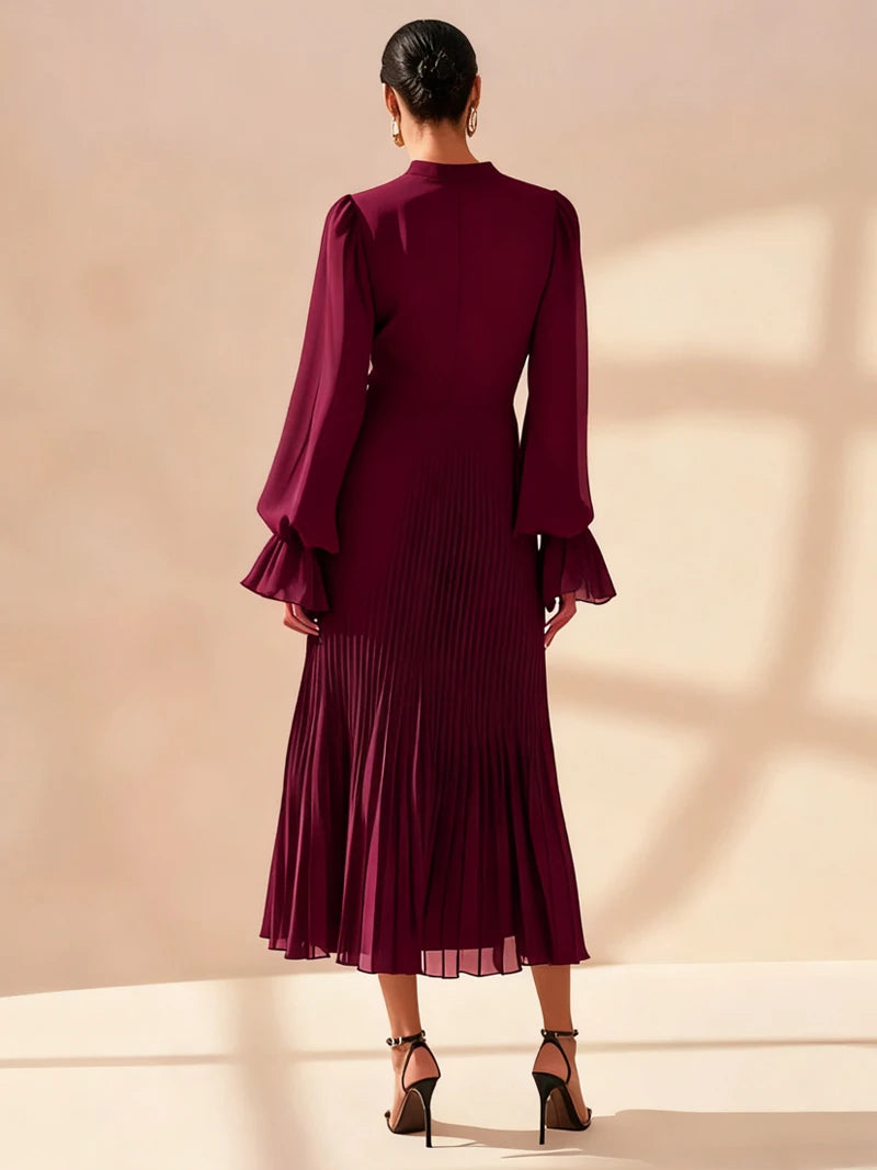 Ruffle Long Sleeve Layered A-Line Dress - Chic Spring Summer Pleated Gown - SalmanStore 