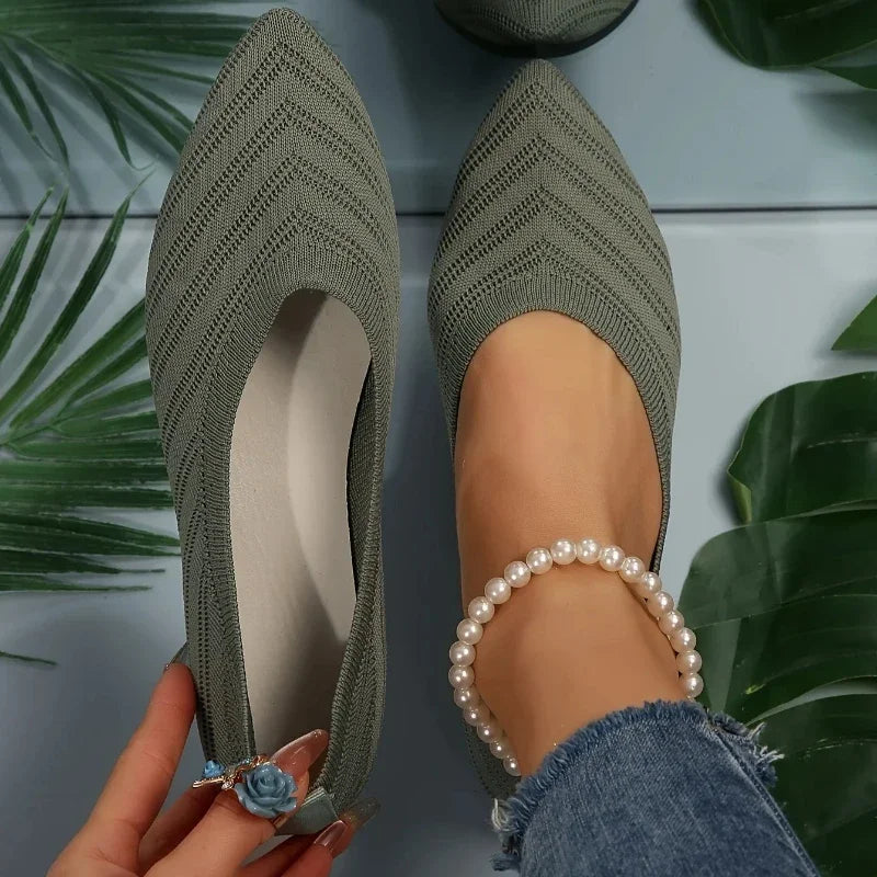 Apricot Knitted Pointed Toe Flat Shoes for Women - Slip-On Comfort