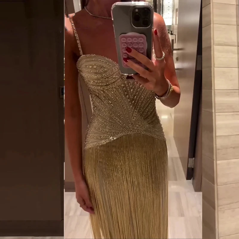 Elegant Women Dresses - Off Shoulder Sleeveless Tassel Dress