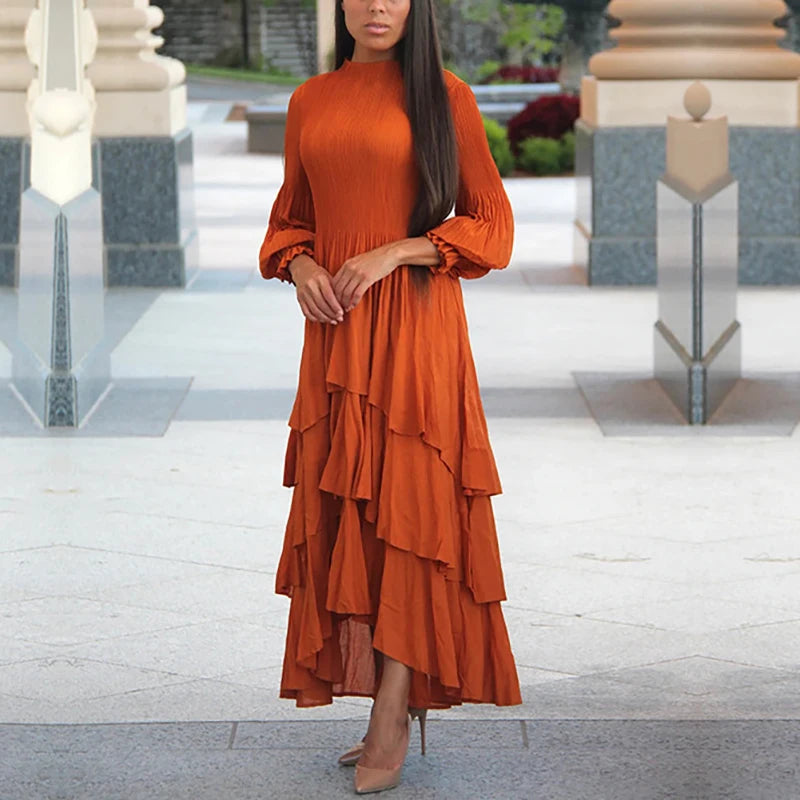 Miyake Pleated Lantern Sleeve Dress - Solid Color Lotus Edge Long Skirt - JStorehub 