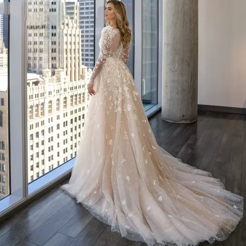 Elegant Long Sleeve V-Neck Mermaid Wedding Dress - 2-in-1 Detachable Tail Bridal Gown - JStorehub 