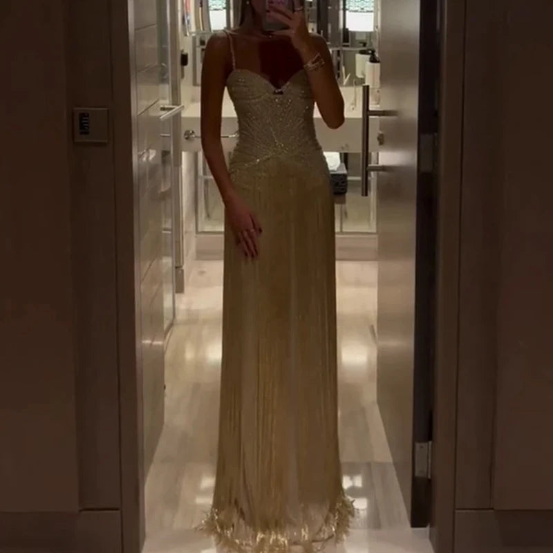 Elegant Women Dresses - Off Shoulder Sleeveless Tassel Dress