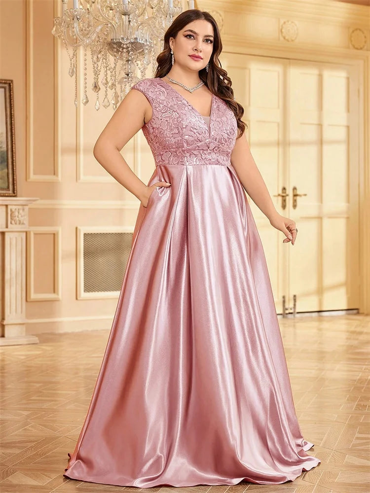 Blueplum Plus Size Gold Satin V-Neck Sequin Evening Dress 2025 - JStorehub 