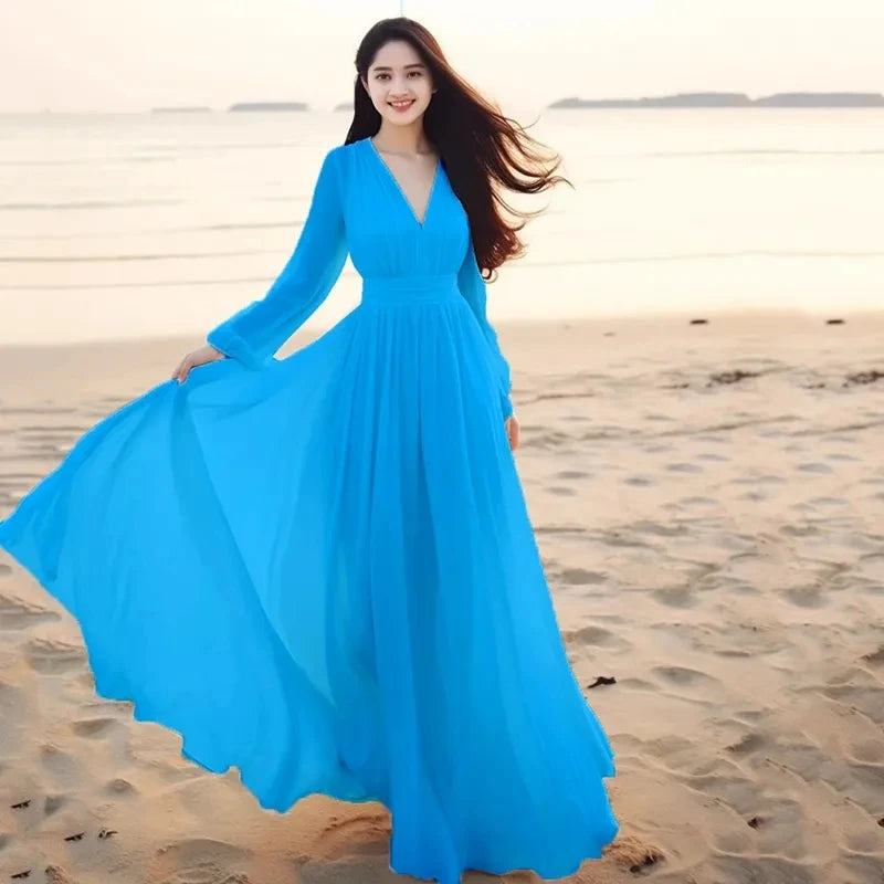 Beach Chiffon Long Sleeve Dress - Spring Summer Vacation Elegant Gown - JStorehub 