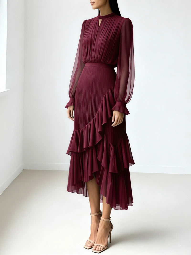 Ruffle Long Sleeve Layered A-Line Dress - Chic Spring Summer Pleated Gown - SalmanStore 