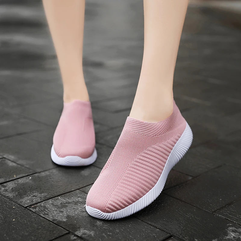 Women's Pink Mesh Sneakers - Breathable Flying Woven Slip-On Walking Shoes - JStorehub 