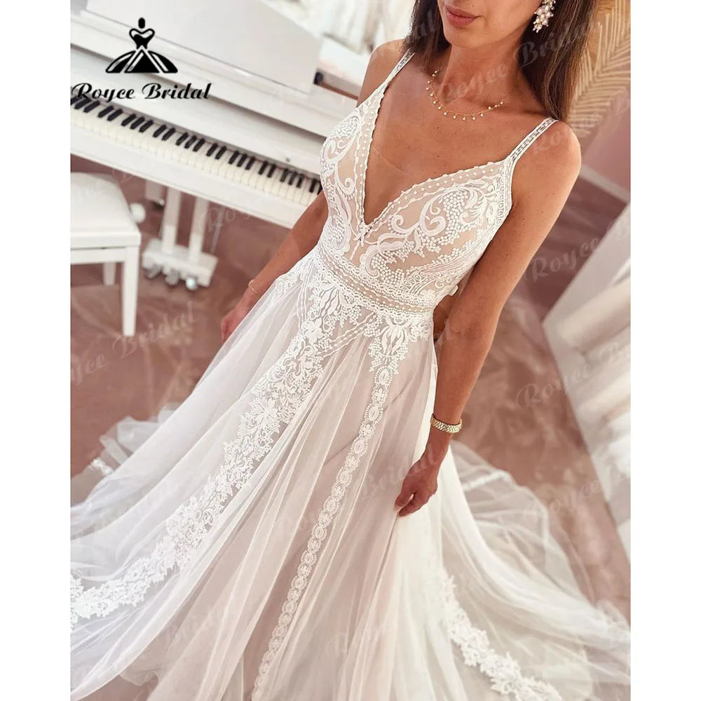 Boho Beach Lace Wedding Dress 2026 - V-Neck Backless Summer Bridal Gown - JStorehub 
