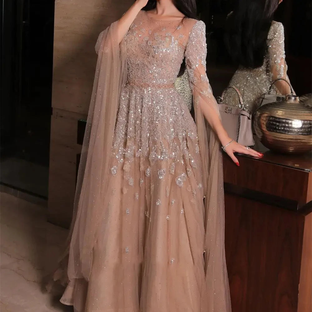 Customized Batwing Sleeve A-Line Sequin Tulle Evening Prom Dress - JStorehub 