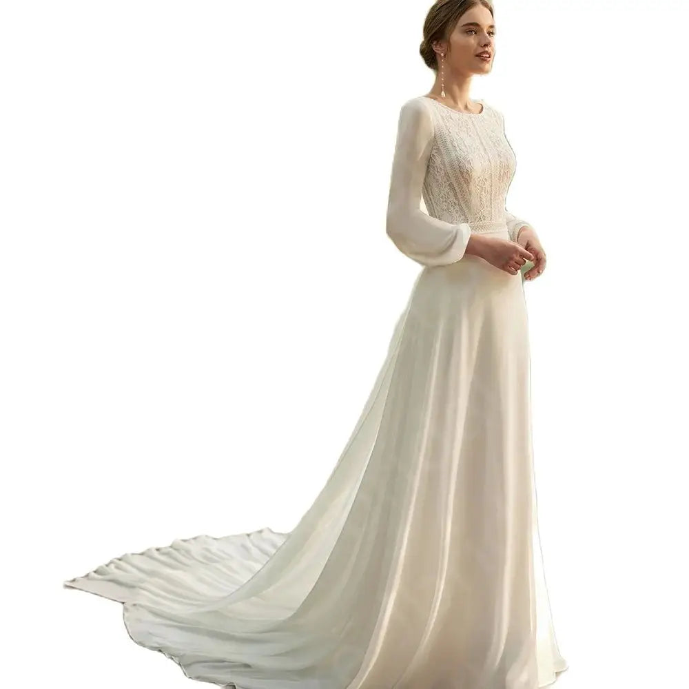 Customized Boho Beach Wedding Dress 2024 - Lace Long Sleeve Bridal Gown - JStorehub 