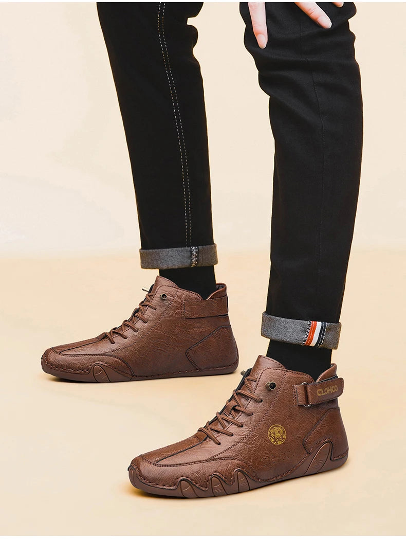 CLOHOO Hand-Sewn Soft-Soled Octopus Boot Men's Short Boots High-Top Leather Boots for Men