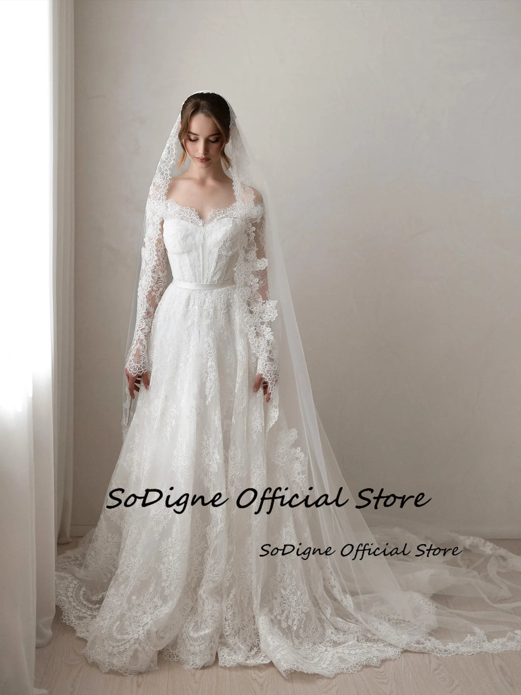 A-Line Off-Shoulder Lace Wedding Dress 2026 - Long Sleeve Boho Bridal Gown - JStorehub 