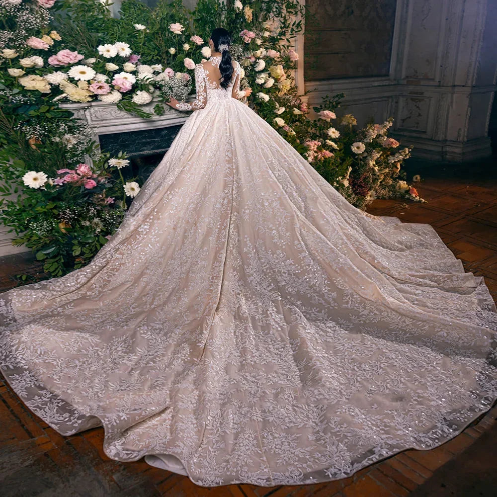 Customized Long Sleeve Ball Gown Wedding Dress - Illusion Neck Princess Bridal Gown - JStorehub 
