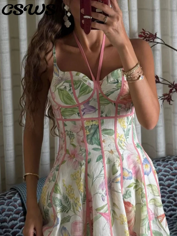 Elegant Printed Flower Women's Dress Contrast Sleeveless Halter Waist-Closed A-Line Lady Dresses Summer Fashion Vacation Robe