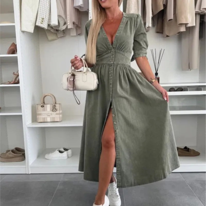 Women Dresses: V Neck Denim Dress - Elegant Style | Salman Store