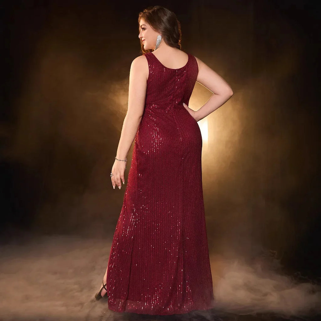 Plus Size Sexy Backless V-Neck Sequin Evening Gown - Dance Party Dress - JStorehub 