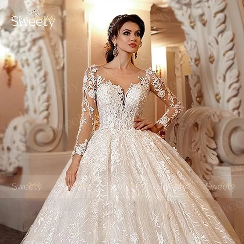 Luxury Embroidered Lace Ball Gown Wedding Dress - O-Neck Full Sleeve Bridal Gown - JStorehub 