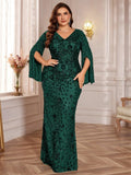 Plus Size Gold Sequin Mermaid Evening Dress - Long Sleeve Formal Prom Gown