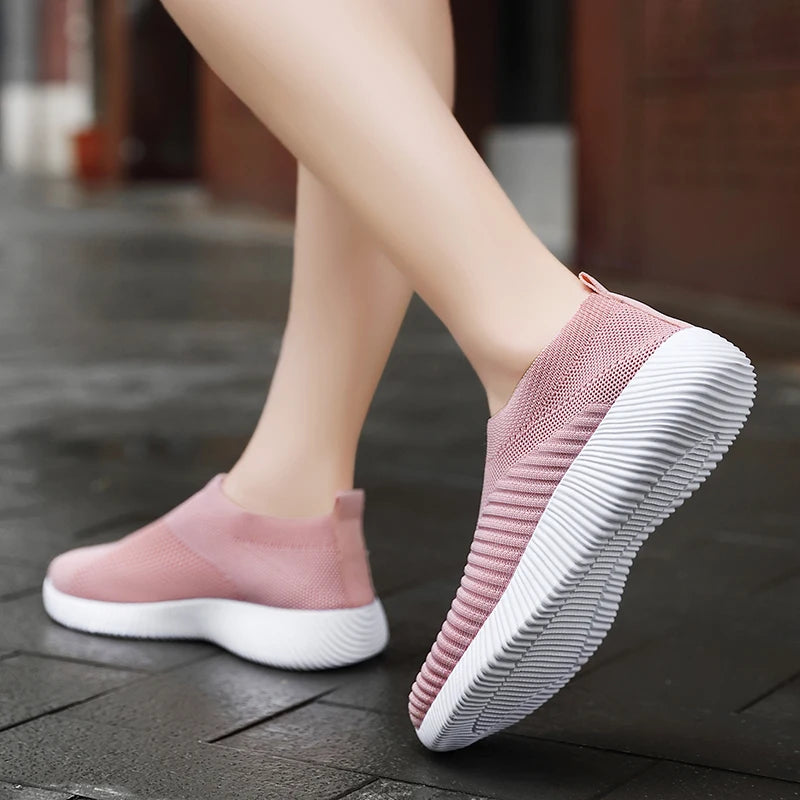 Women's Pink Mesh Sneakers - Breathable Flying Woven Slip-On Walking Shoes - JStorehub 