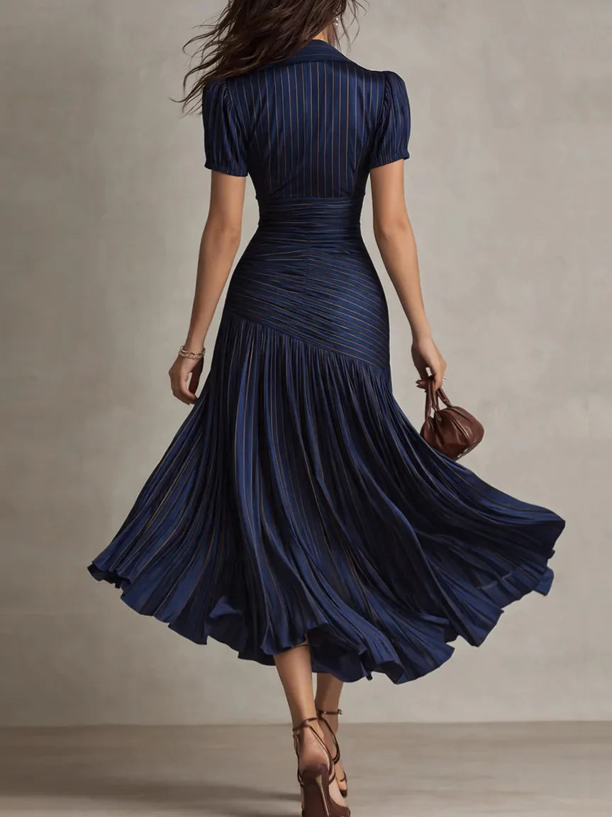 Elegant Satin A-Line Shirt Dress - Lapel High Waist Pleated Long Dress - JStorehub 