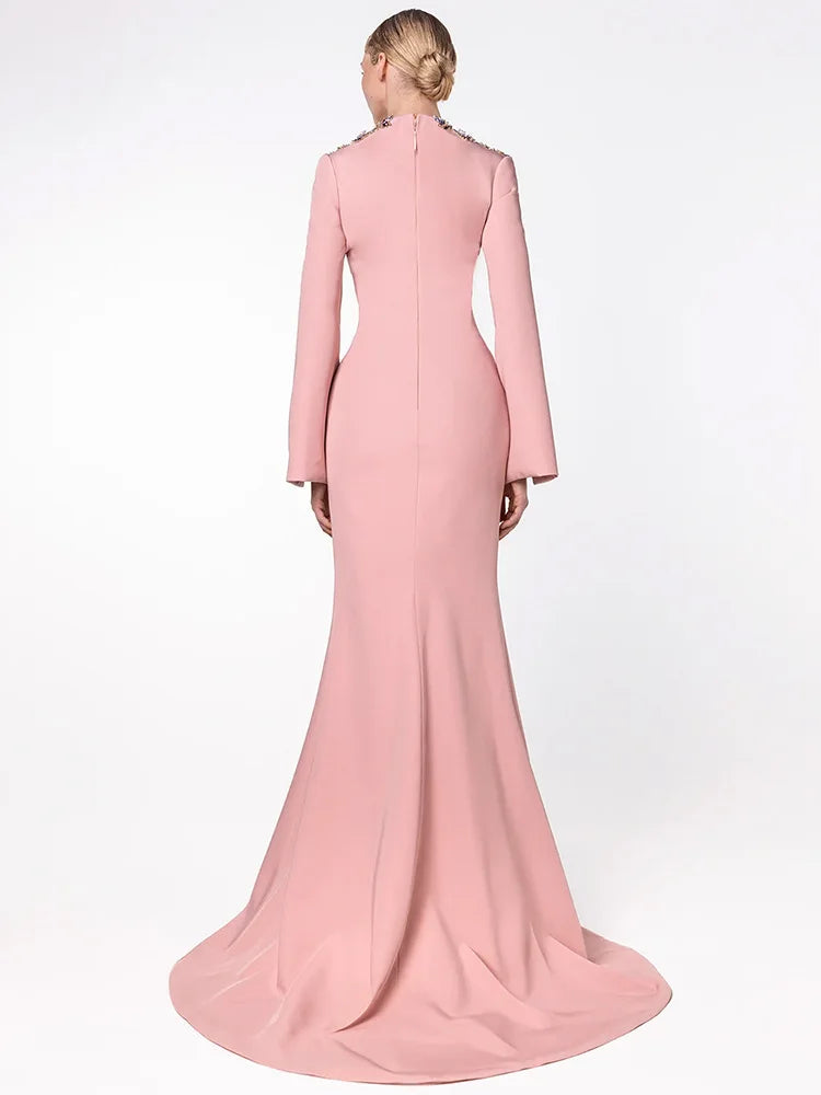 HIGH STREET Newest Fashion 2026 Designer Maxi Dresses Women's Diamonds Beaded Slit Sleeve Long Maxi Dress - JStorehub 