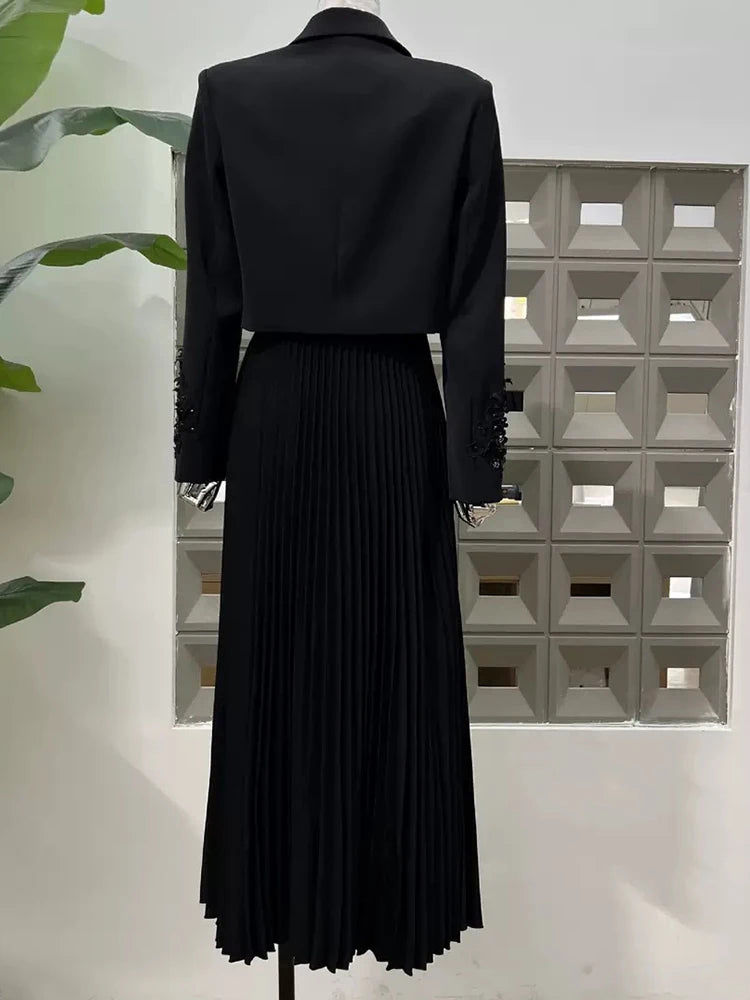 Chic Autumn 2025: Flower Beaded Jacket & Dress Women's Suit Set