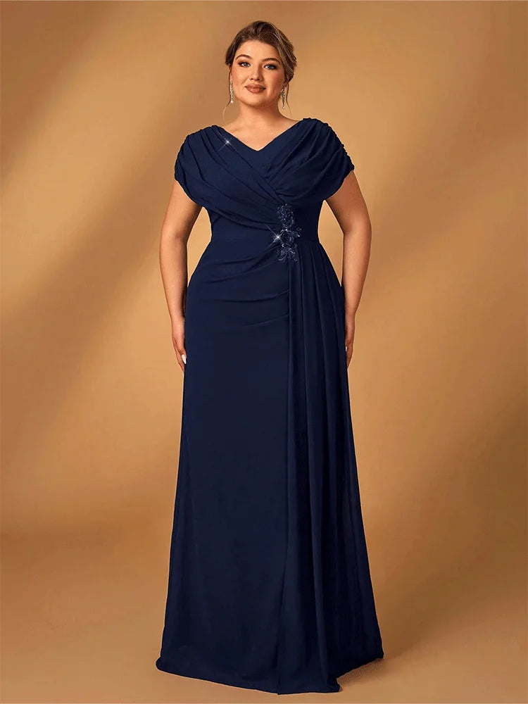 Plus Size Luxury Navy Blue Chiffon Mother of Bride Evening Dress - JStorehub 