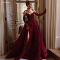 Burgundy A-Line Side Slit Wedding Dress - Off Shoulder Beaded with Detachable Sleeves - JStorehub 