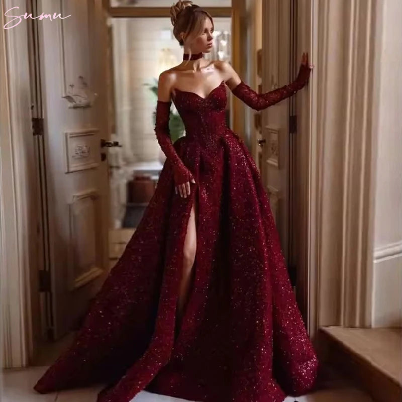 Burgundy A-Line Side Slit Wedding Dress - Off Shoulder Beaded with Detachable Sleeves - JStorehub 