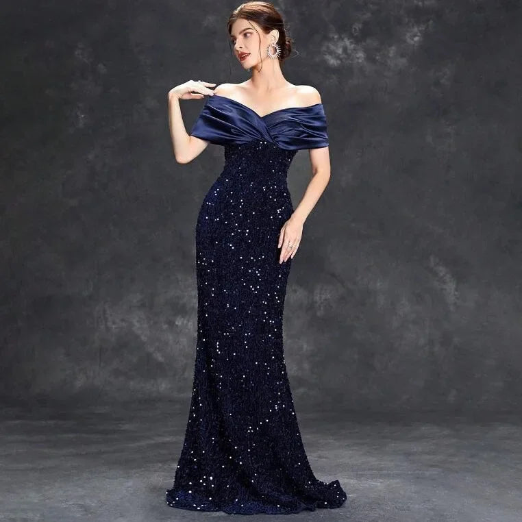 Slim Fit One Shoulder Sequin Evening Gown - A-Line Floor Length Party Dress - JStorehub 