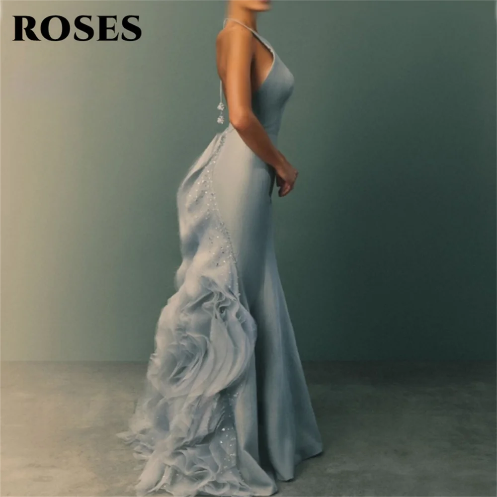 Roses Light Blue Halter Neck Mermaid Prom Dress with Ruffled Train - JStorehub 
