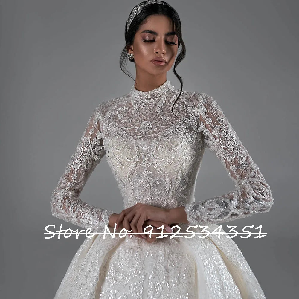 O-Neck Pearls Beaded Ball Gown Wedding Dress - Long Sleeve Shiny Sequins Lace Bridal Gown - JStorehub 
