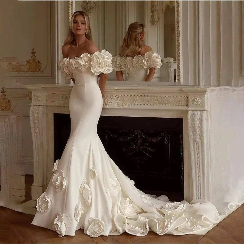 Beach Boho Wedding Dress - Off Shoulder Boat Neck Pleated Bridal Gown - JStorehub 